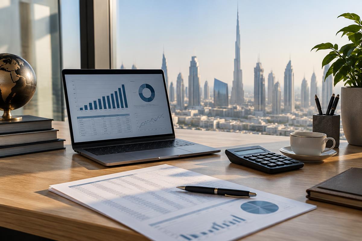 Executive modern office desk with financial dashboards and ledgers in Dubai